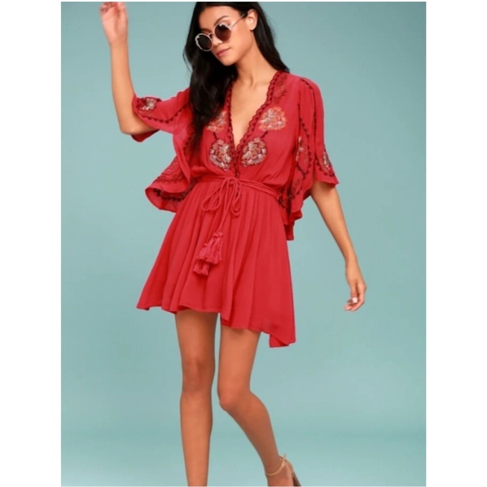 Free People Red Embroidered V-Neck Mini Dress size small